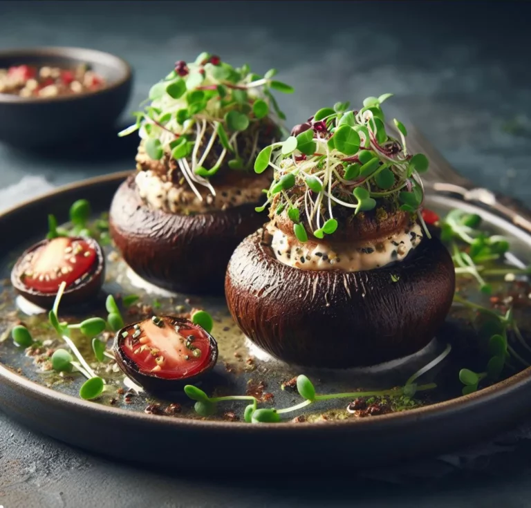 stuffed portobello mushrooms topped with microgreens